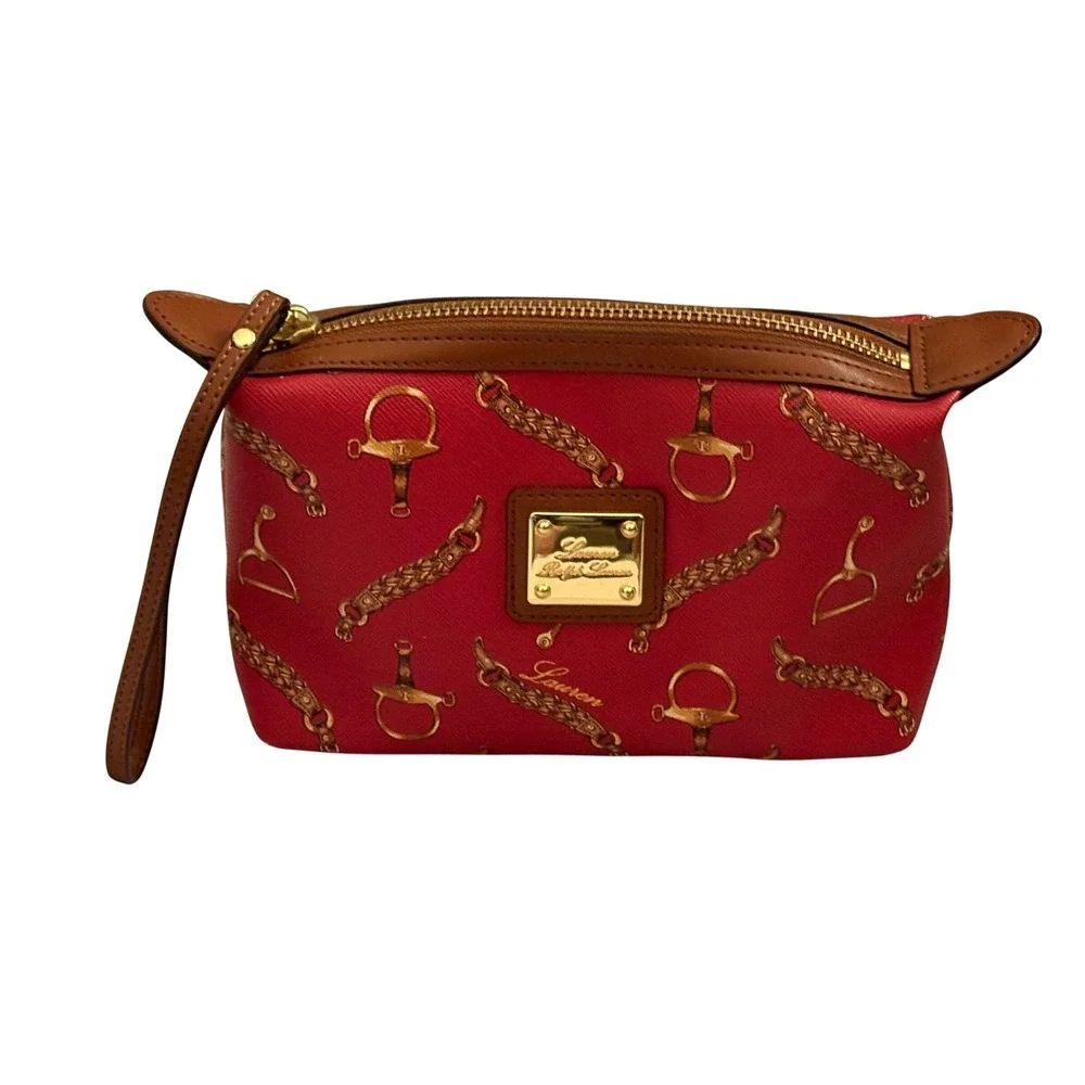 Lauren Ralph Lauren Red Equestrian Bit Print Wristlet Pouch Cosmetic Bag